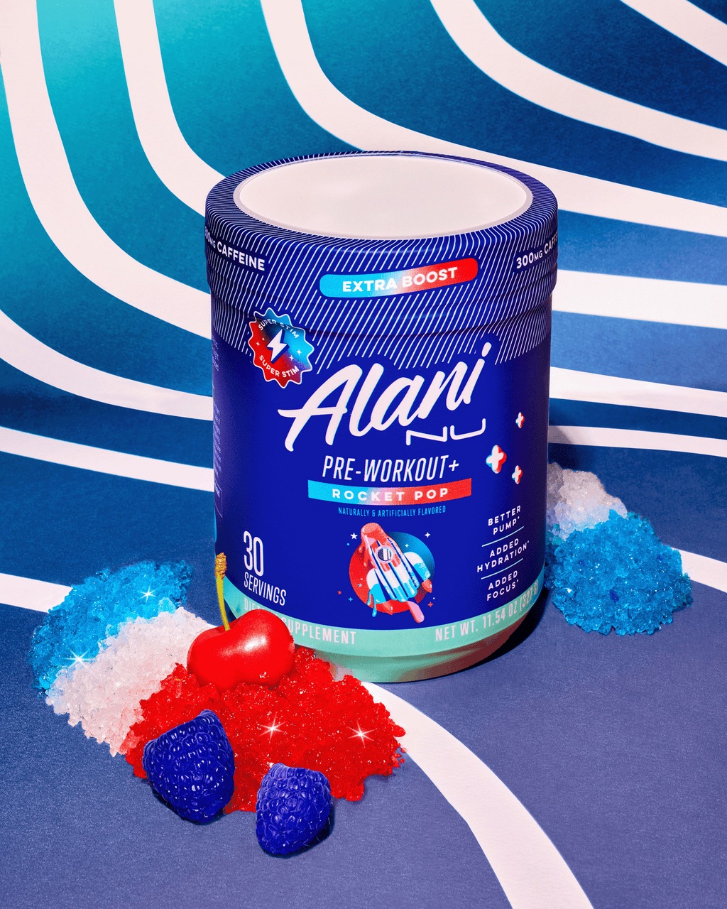 A Pre-workout + in flavor Rocket Pop displayed next to a cherry and berry.